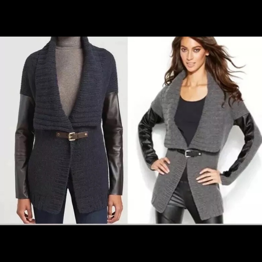 MICHAEL KORS Faux Leather Sleeve Buckle Cardigan